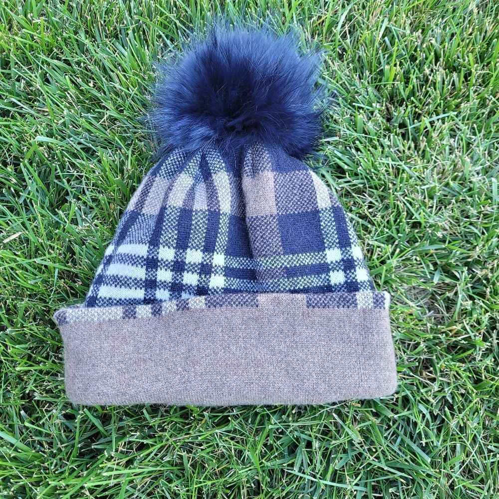 Inverni Wool Cashmere Blend Plaid Pom Hat